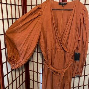 Eloquii Terracotta|Burnt Orange Linen Elaborate Puff Sleeve Dress|NWT|Size 18.